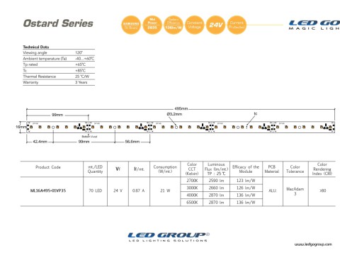 ML16A495-01VP35 | 2835 LEDBAR-50CM-70LED/M-24VDC CEM1 PCB 16mm OSRAM/SAMSUNG LED