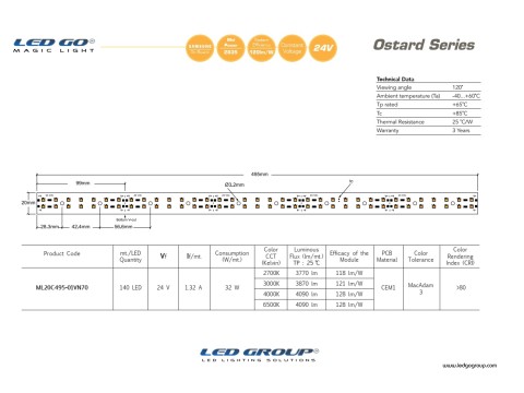 ML20C495-01VN70 | 2835 LEDBAR-50CM-70LED/M-24VDC CEM1 PCB 20mm OSRAM/SAMSUNG LED