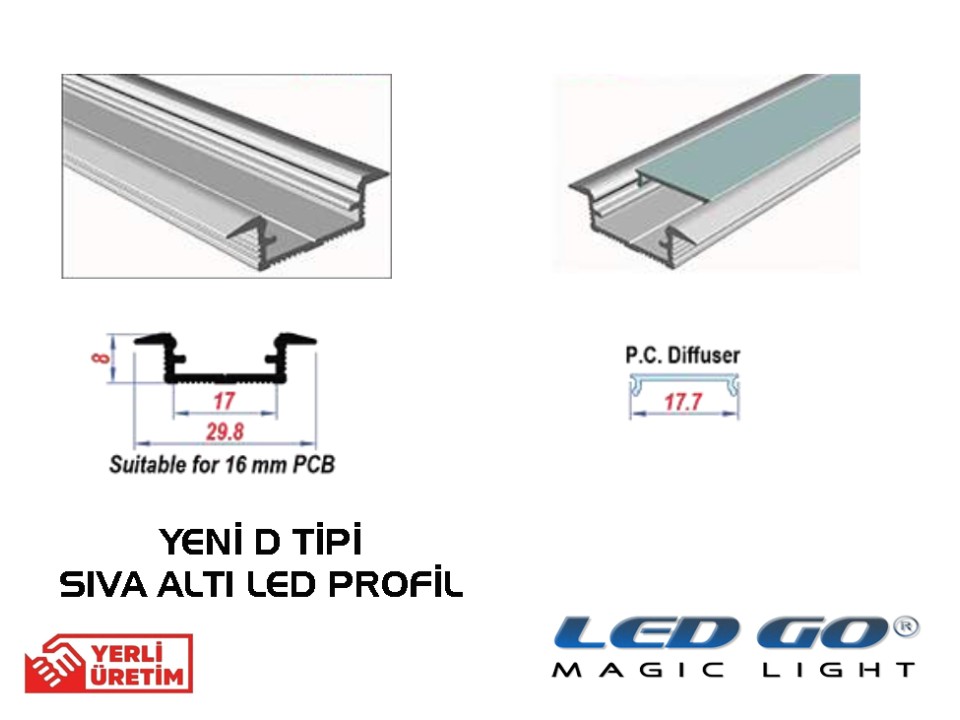 YENİ D-TIPI ŞERİTLED ALUMINYUM KANAL/PROFIL SIVA ALTI-GÖMME-200CM BOY