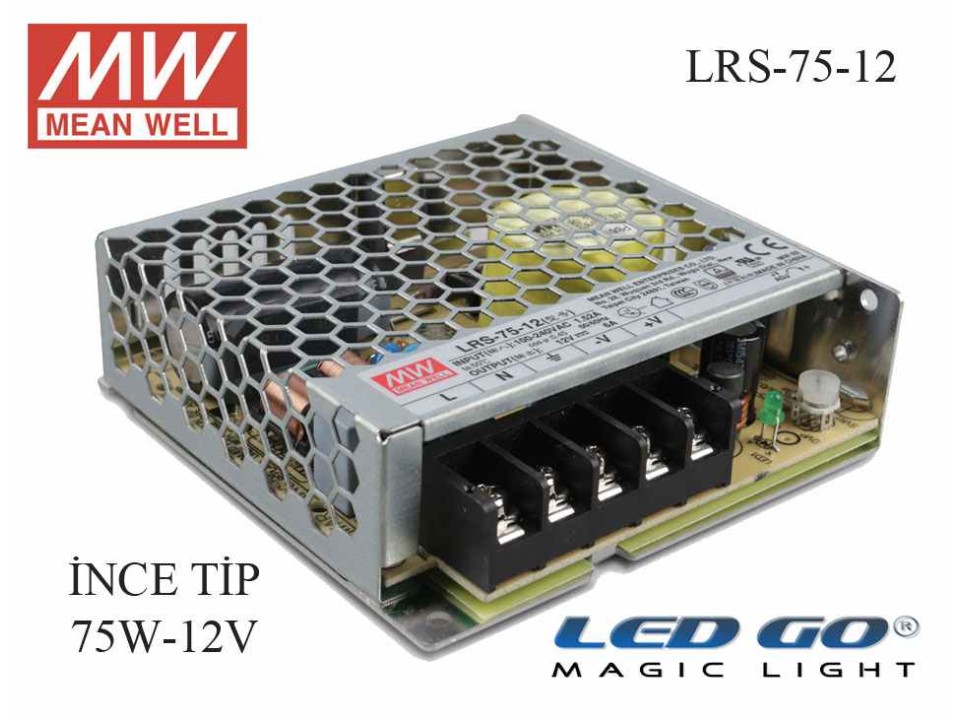 MEAN WELL  LRS-75-12 72 W, 12 V, 6 A,SABİT VOLTAJ,İNCE TİP